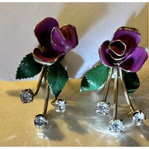 Vintage Screwback Earrings Gold Tone Pink Green Enamel Lucite Crystals✨